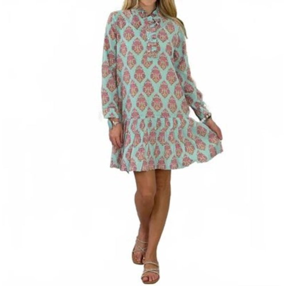 Just Darviny Block Print Cotton Dress Mint Pink Pearl Button Ruffle Neck XS